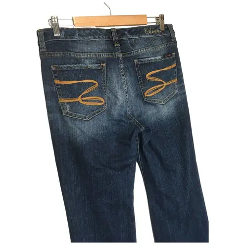 Seven7  Mid Rise Flare Leg Light Distressing Wiskering Denim Jeans Womens Blue 12