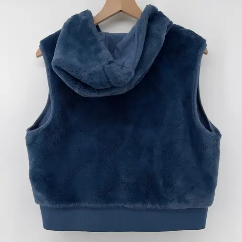 CALIA Women M Full Zip Cropped Vest Hoodie Blue Denim Faux Fur Pockets Athletic Size M
