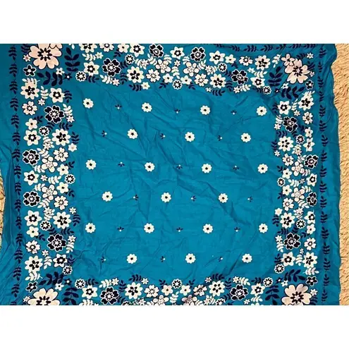 Vintage Turquoise Floral Trim Bandana Pocket Square Blue