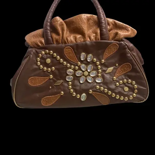 Y2K Genuine Leather Rhinestone Handbag Satchel brown & tan Baguette Chunky Brown