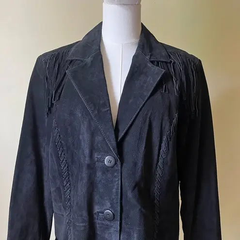 Vintage 70s Style Genuine Leather Fringe Jacket Black Suede Western Boho Large