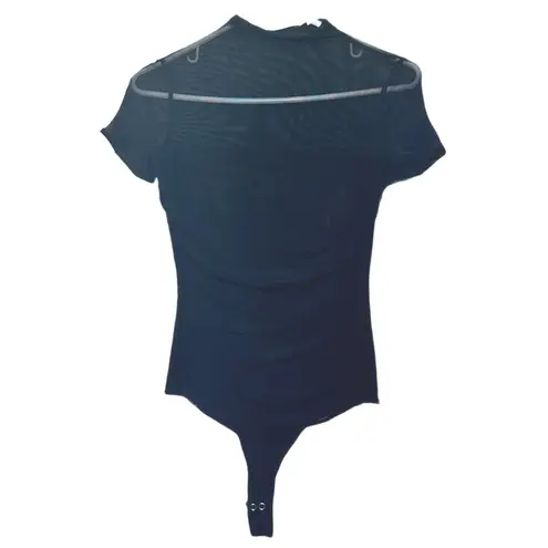 NWT REORIA Women’s Sheer Mesh Ruched Bodysuit – Small Black