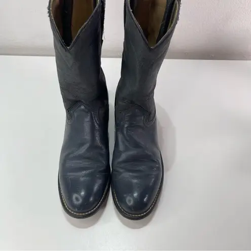 Vtg Women 7M Navy Blue Black Leather Vamp Roper Cowgirl Boots Biker Core Distres Size 7