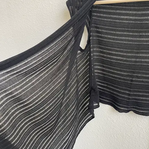 Mi & Rena Vintage Black Semi Sheer Stripe Short Sleeve Drape Crop Cardigan Top