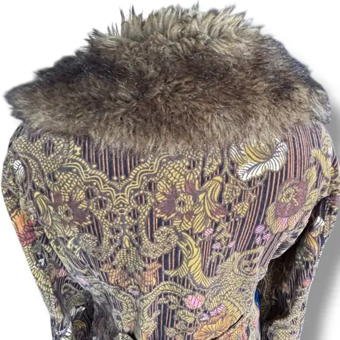 Vintage Faux Fur Trimmed Corduroy Floral Jacket Brown Boho Cropped Penny Lane Size L