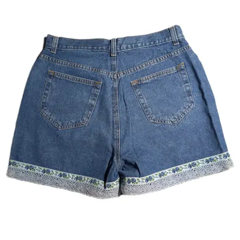 Vtg 1990s Liz Claiborne Blue Denim Floral Embroidered Lace Trim Mom Shorts Sz 10