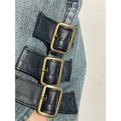 VTG 90s Fubu Jean Skirt Size 9/10 Leather Detail Hip Hop Fatty Girl Club Y2K Blue