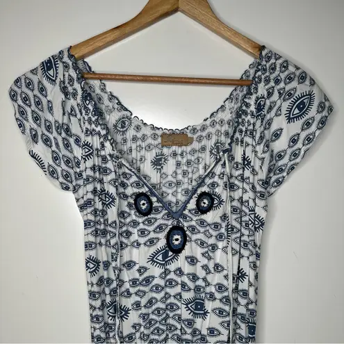 Skemo Evil Eye Boho Smocked Waist Gypsy Mini Dress In Small White