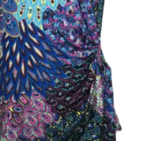 S Levine Blue Multicolor Peacock Short Sleeve Faux Wrap Casual Top M Pink Size M