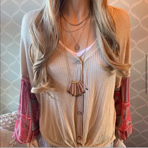 Hummingbird Boho Contrast Sheer Sleeve Thermal Top Size Small