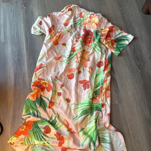 Carolina Herrera Shell Pink Tie Waist Floral Midi Shirt Dress