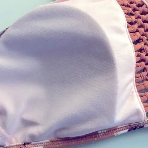 Ambrielle Floral Peach Halter Swim Top XL Braided Front Padded Cups Orange