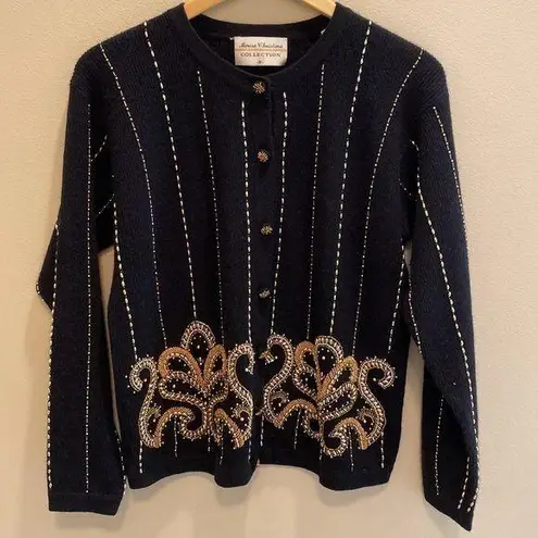 Marisa Christina Lambswool Rabbit Hair Crew Neck Gold Beaded Cardigan SMALL Black