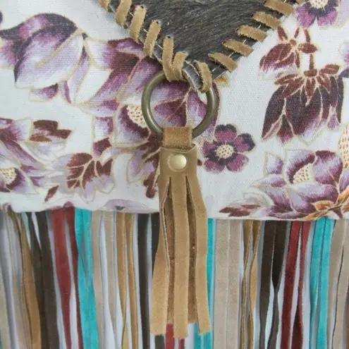 MYRA Altres Small Floral Crossbody Bag Boho Fringe Canvas Hairon Leather Purse Brown