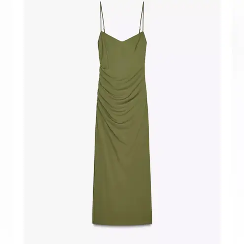 ZARA NWT green draped spaghetti strap midi stretchy dress