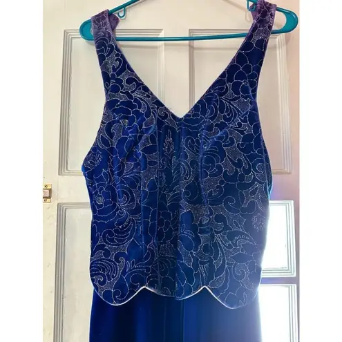 CELINE Céline New York Vintage Blue Velvet Embroidered Floral Bodice Formal Prom Dress