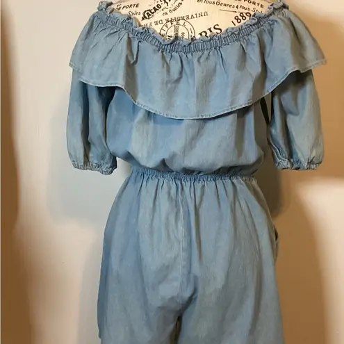 OFF THE SHOULDER DENIM ROMPER W/POCKETS 100% COTTON BY LOVE by CHELSEA SZ LARGE Blue