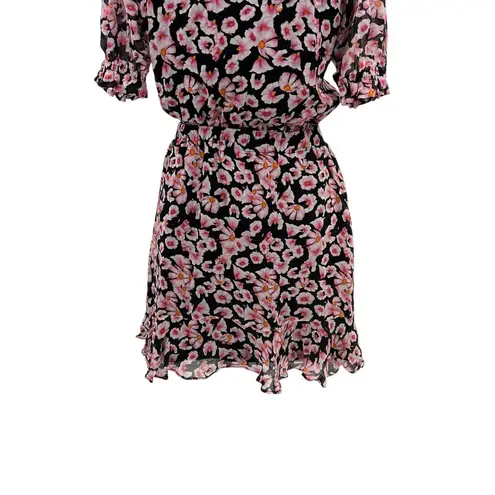 Karina Grimaldi Black Pink Floral Print Silk Surplice Neck Mini Dress XS