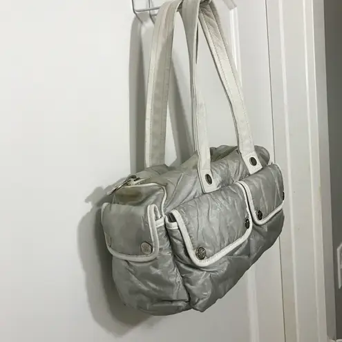 CELINE Triomphe Silver Nylon with Leather Handles and Trim Vintage EUC