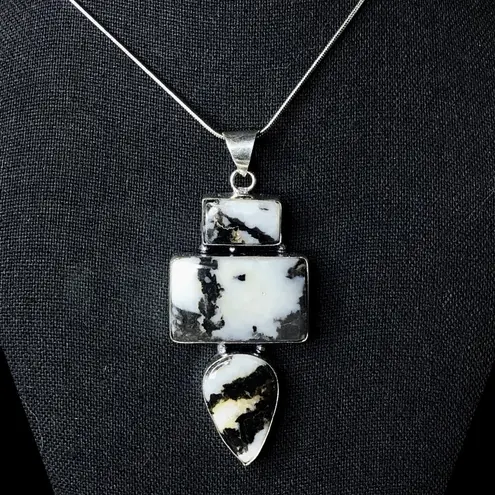 Zebra Stripe Jasper Sterling Silver Pendant on Snake Chain Necklace 20” Long Black