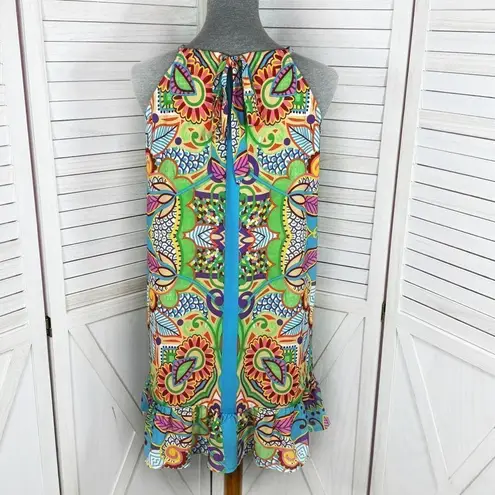 Jade Melody Tam Multi Floral Print Ruffle Hem Tunic Halter Dress Medium Blue - Image 4
