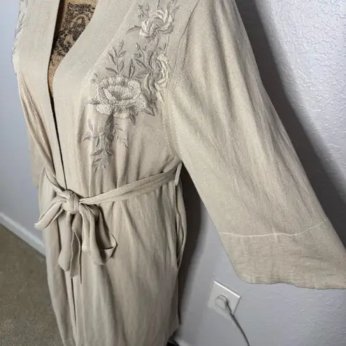 Johnny Was Beige Floral Embroidered Belted Silk Cashmere Long Cardigan Size M