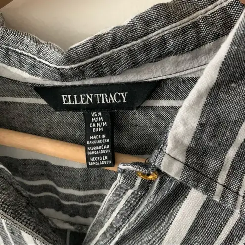 Ellen Tracy  Linen Popover Top Striped Tab Sleeve M