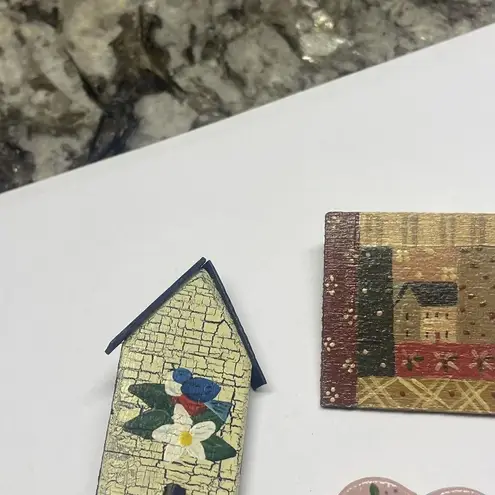 Lot Of 3 Handmade Hand Crafted Brooch Pins Painted Wood Birdhouse Heart Etc