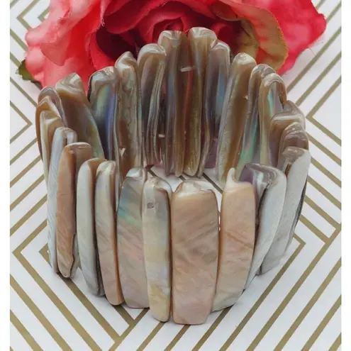 Bohemian White & Brown Neutral Abalone Shell Wide Stretch Bracelet Beach Nature Tan