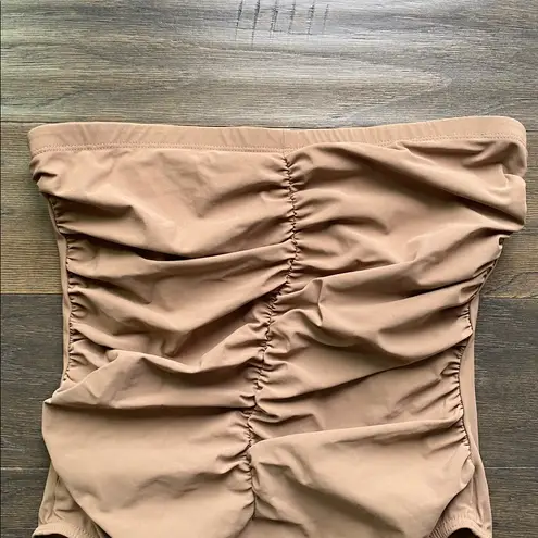 KARLA COLLETTO Ruched Bandeau Strapless Swimsuit Womens Sz 10 Cocoa Shelf Bra Brown