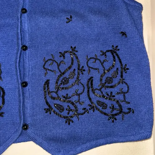 Requirements Women's Vintage Blue Beaded Sweater Vest Size L V-Neck Button-Up