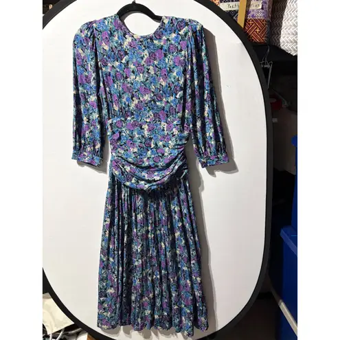 Vintage Floral Print Pleated Midi Dress Women's Long Sleeve Ruched Waist Purple Size 8