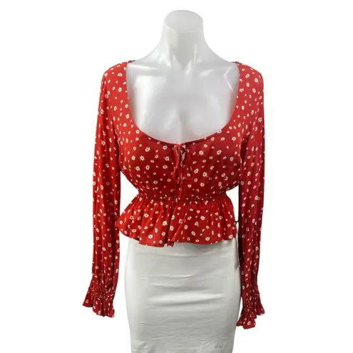 Privacy Please NEW Red Floral Long Sleeve Scoop Peplum Blouse Crop Top Size XS
