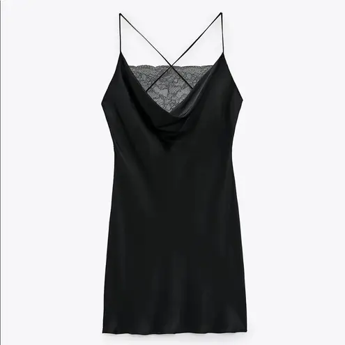 ZARA  SATIN EFFECT MINI SLIP DRESS W/ LACE BLACK Size M NEW