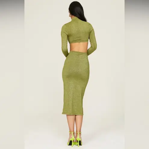 Torn By Ronny Kobo Ronny Kobo Chryssa Stretchy Cut Outs Midi Dress Mock Neck Metallic Green Gold XL