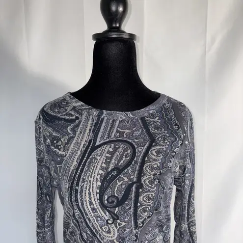 Karen Kane Y2K Gray Black Paisley Sparkles Long Sleeve Top Size Xl