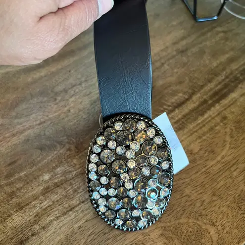 NWT Womens Black Faux Leather Belt Sparkling Rhinestone Oval Buckle Size S Chic