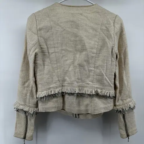 Rebecca Taylor Cotton Tweed Suiting Jacket Cropped Full Zip Fringe White Small