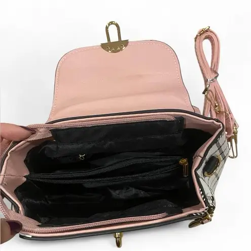 Pink, white, and black checkered plaid hand bag purse Pink