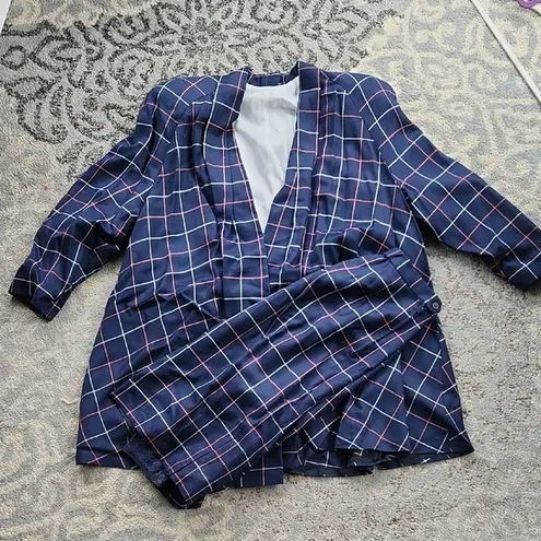 Vintage Rafael Plaid Blazer Skirt Suit Set Navy 16 Blue