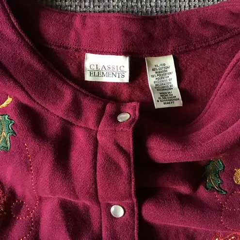 Classic Elements Autumn Leaf Burgundy Sweater Embroidered Grandmacore Fall Style
