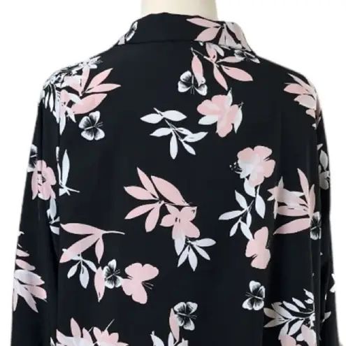 Roz & Ali Long Jacket Open Front Tie Sleeves Black Pink Floral Women’s Plus 3X