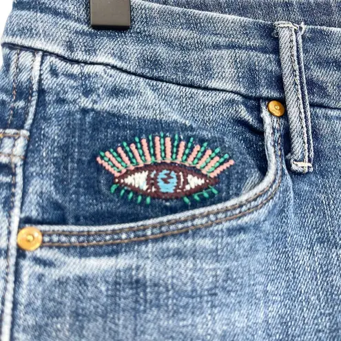 Mother High Waist Double Looker Ankle Fray Fruit Carts Evil Eye Size 25 Blue