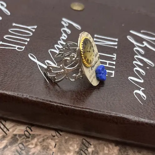 Handmade Paris Clock Ring | Vintage Watch Face Button Decoupage Adjustable Blue