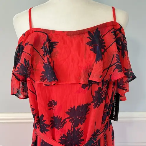 Donna Morgan NWT Belted Trapeze Dress W/Ruffle Cold Shoulder Size 14 Floral