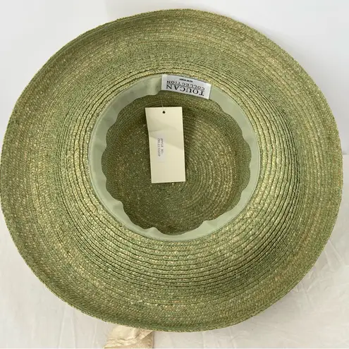 Toucan Straw hat light green, spray of flowers on raw silk ribbon Green
