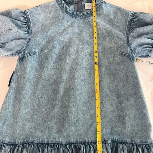 Tanya Taylor Puff Sleeve Acid Wash Denim Mini Dress Size 4 80s Pop Star Energy