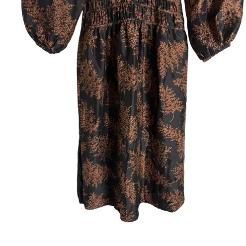 Rebecca Taylor Arden Black Floral Blouson Sleeve Scoop Ruched Silk Midi Dress XS