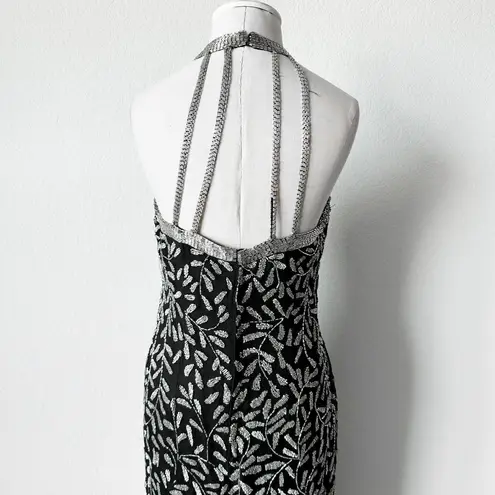 Vintage Black White Silk Floral Beaded Maxi Bodycon Formal Cocktail Dress M