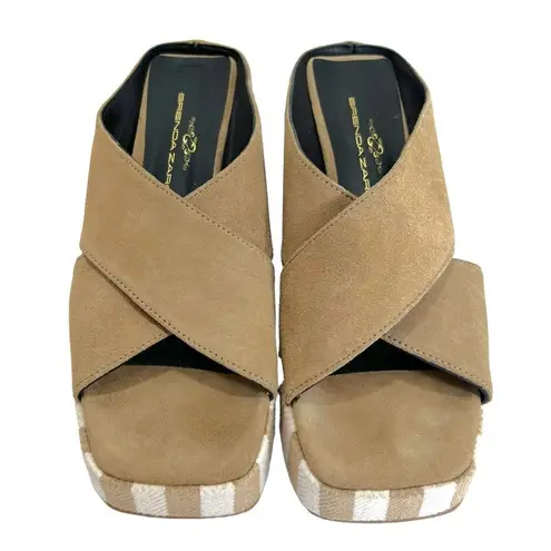 Brenda Zaro Square Toe Tan & White Striped Platform Suede Block Heel Sandals Size 8